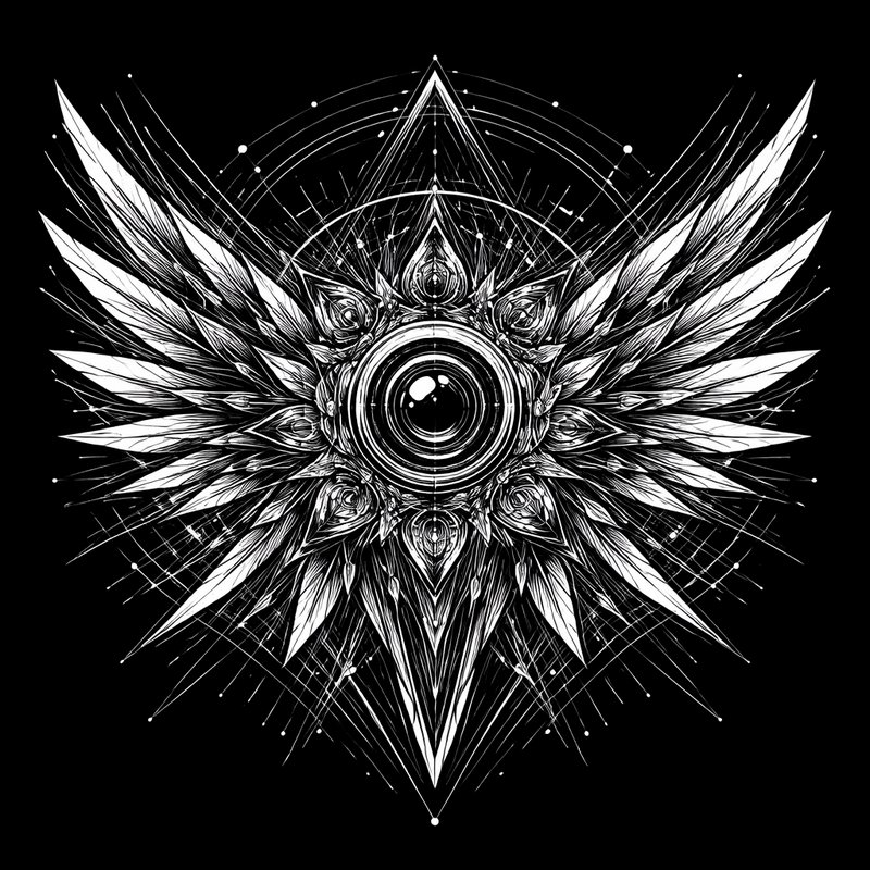 Intricate black-and-white mandala with a central circular lens motif and radiating geometric feat...