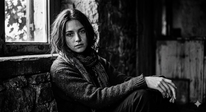 A black-and-white portrait of a woman sitting by a rough stone window inside a dim room