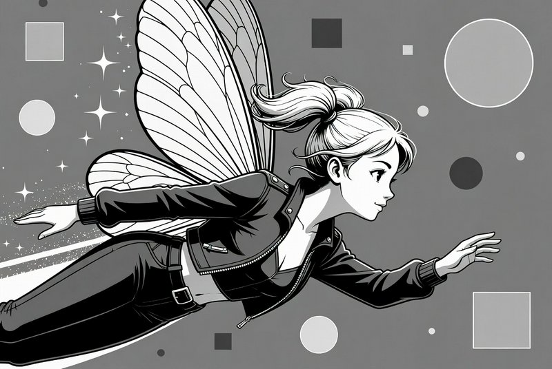 Black-and-white illustration of a young woman with butterfly wings flying through geometric shapes