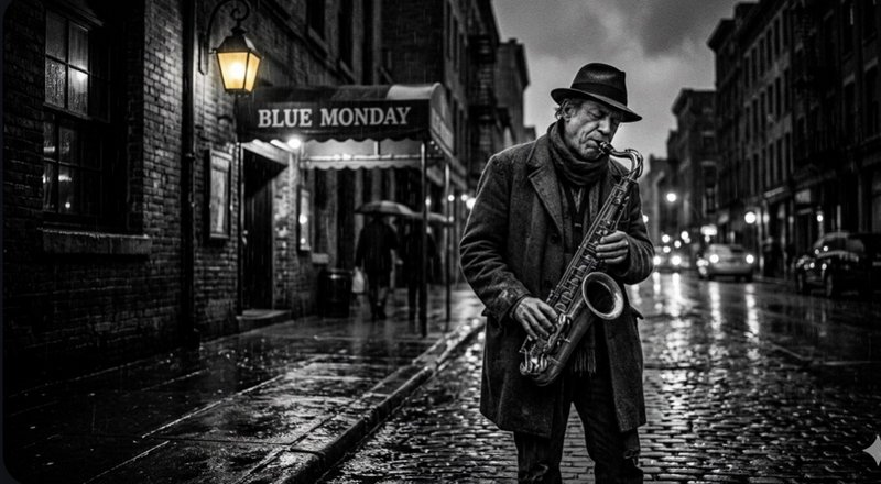 Black-and-white street musician playing saxophone on a wet city street at night near a "Blue Mond...