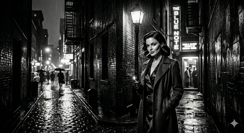 Black-and-white noir street scene with a stylish woman in a trench coat holding a cigarette in a rainy alley.