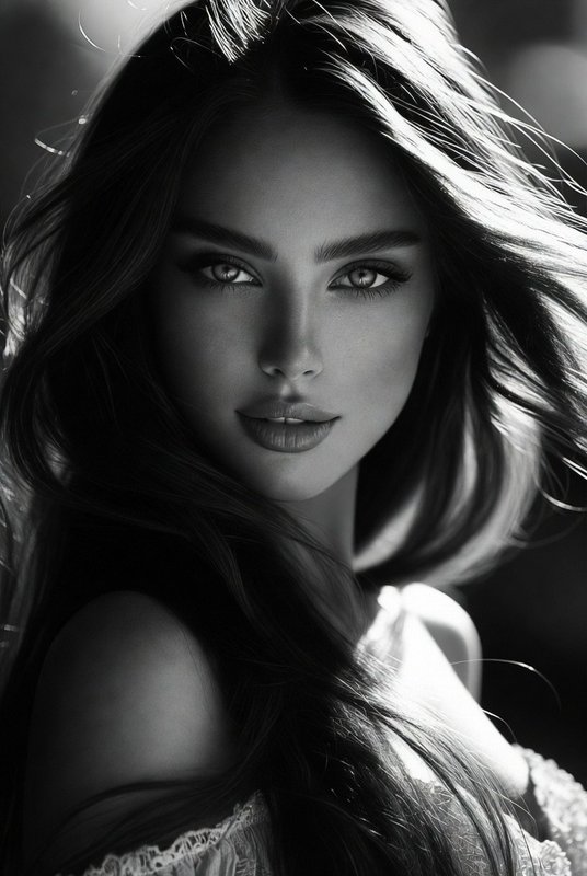 Black-and-white portrait of a young woman with flowing hair and intense eyes.