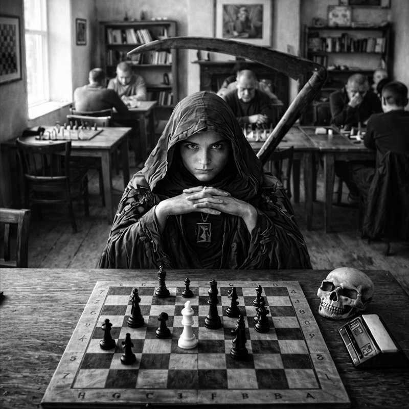 Young hooded woman sits at a chessboard in a dim, gothic room with a skull nearby and a scythe behind her.