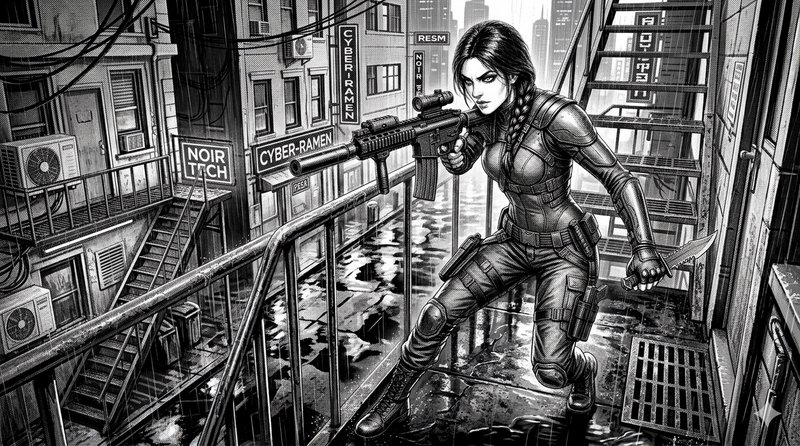 Black-and-white cyberpunk female sniper in tactical gear crouching on a rainy alley walkway with a sniper rifle.