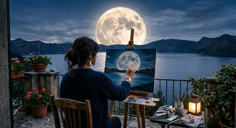 Artist painting a full moon over a lake at night on an outdoor balcony easel.