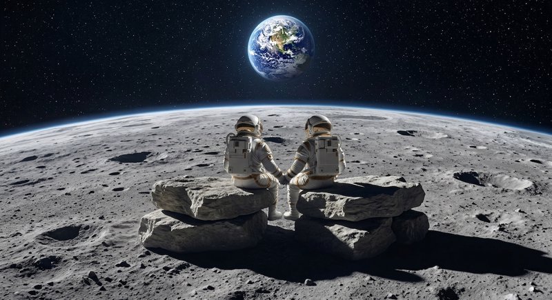 Two astronauts sit on lunar rocks, gazing at Earth rising over the Moon’s horizon.