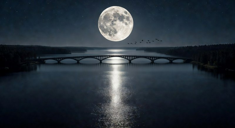 Full moon over a bridge reflecting in a calm river at night.