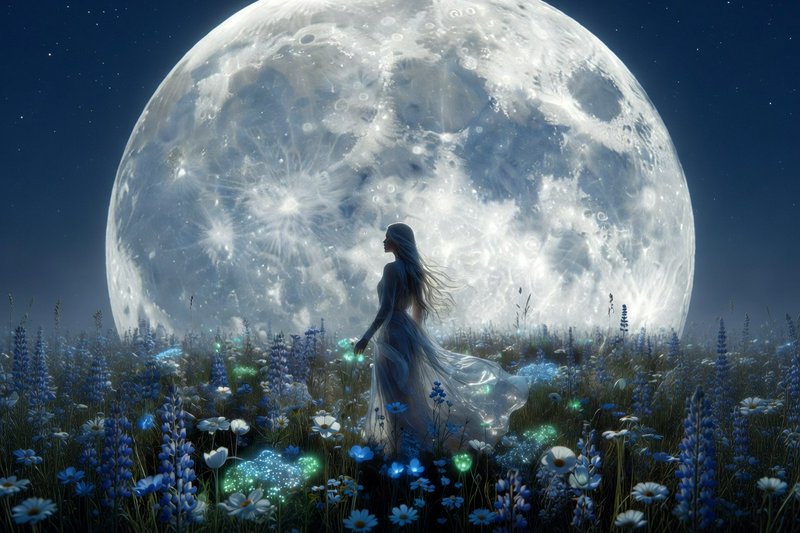 A woman in a flowing dress walks through a moonlit field of blue flowers with a giant full moon b...