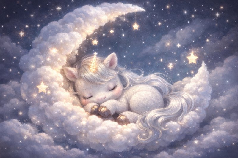 Sleepy white unicorn foal curled on a fluffy cloud with a golden horn amid starry night clouds.