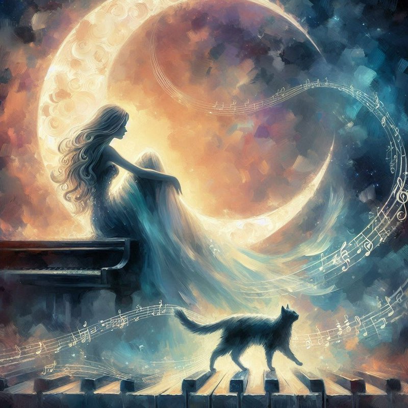 A dreamy fantasy scene of a woman with long flowing hair sitting on a piano beside a glowing crescent moon, with a cat