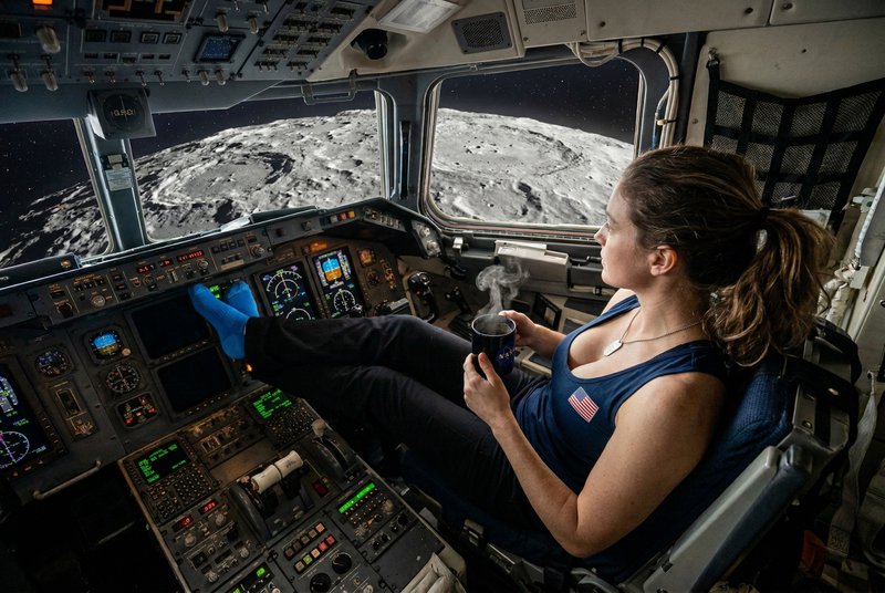 Astronaut in a spacecraft cockpit relaxing with a cup, Moon’s rocky surface visible through the w...