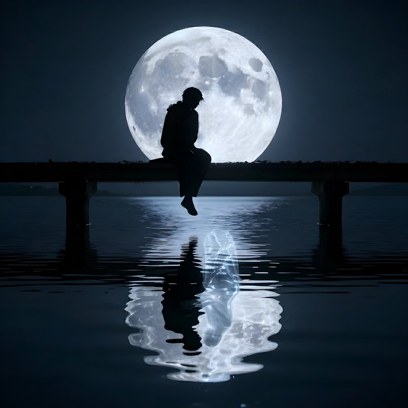 Silhouette of a person sitting on a pier at night with a giant full moon behind them.