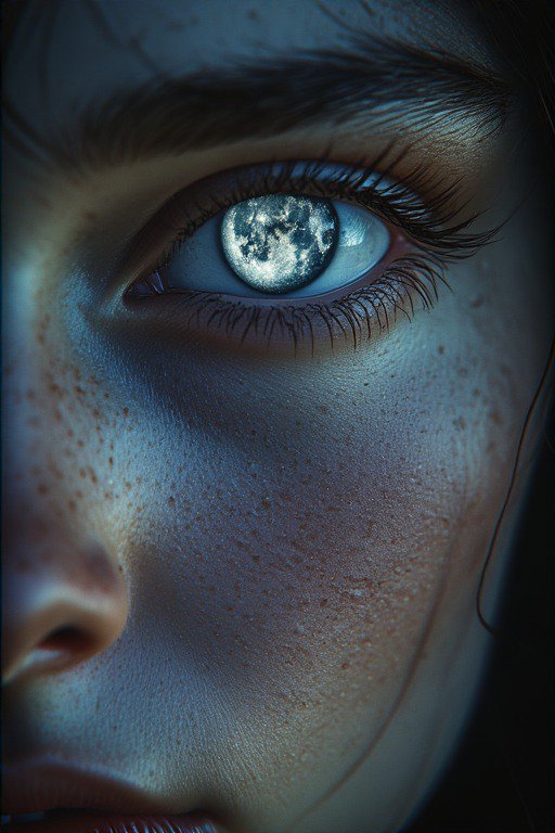 Close-up of a person's eye with the moon reflected in the iris under blue lighting.