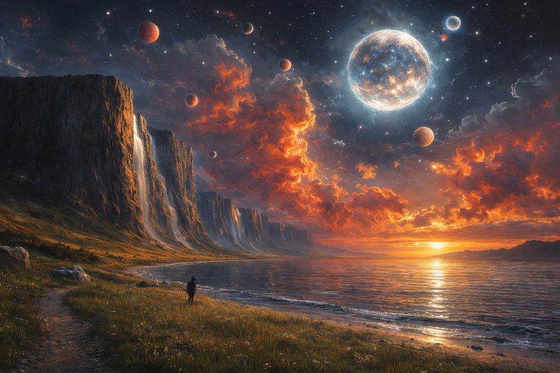 Lone figure walks along a rocky coastline beneath towering cliffs, with orange sunset and a sky f...