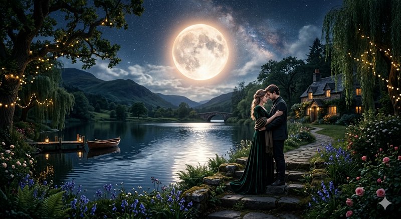 Moonlit lakeside kiss between a couple near a cottage garden with fairy lights.