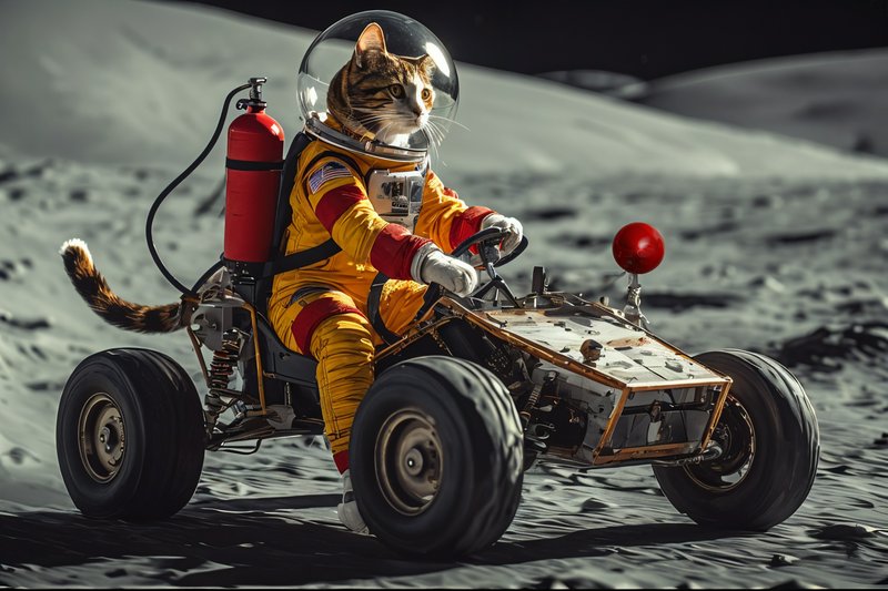 Cat in a yellow spacesuit driving a lunar dune buggy on the Moon