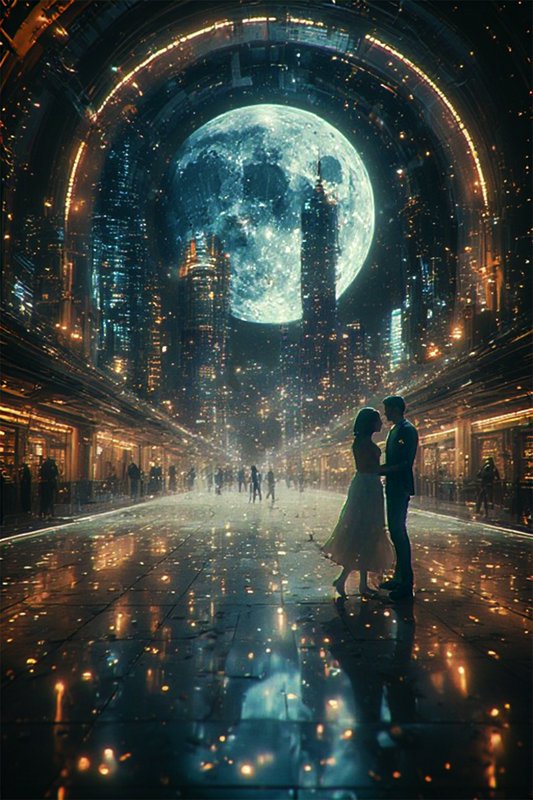 Romantic couple dancing in a futuristic city hall under a giant moon.
