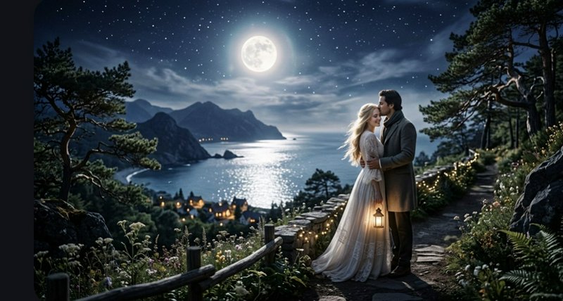 Moonlit seaside wedding couple embracing on a cliff path with lanterns and a starry sky.