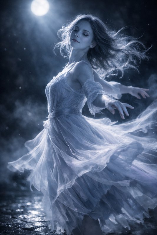 A woman in a flowing, translucent gown dances under moonlight with outstretched arms.