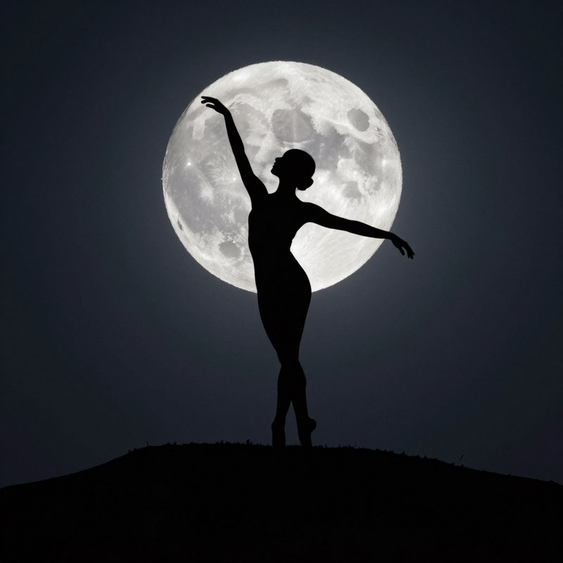 Silhouette of a ballet dancer on a hill with a bright full moon behind her.