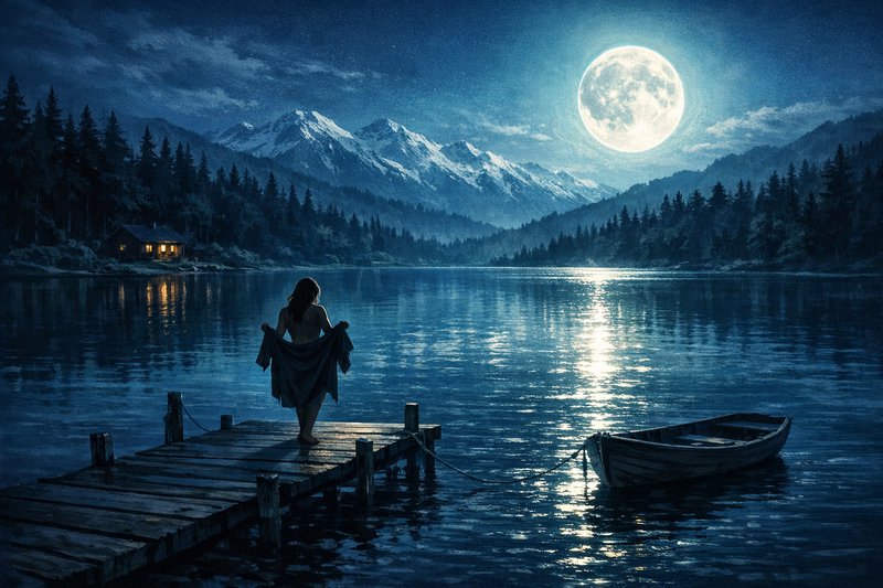 A person stands on a wooden dock at night beside a moonlit lake with mountains and pine forest in the background.