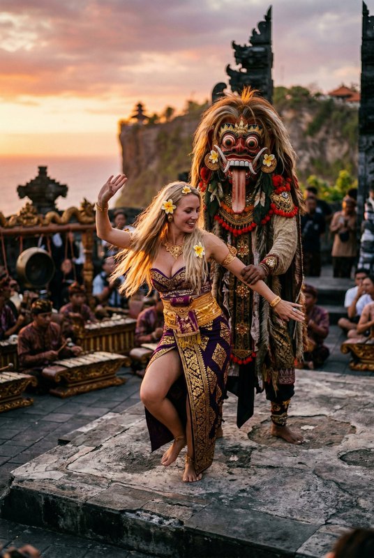 Balinese dancer in a gold-purple costume dancing with a Barong mask performer at a temple during ...