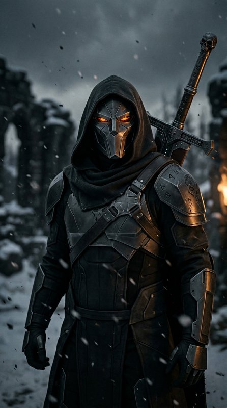 Dark armored hooded warrior with glowing eyes and sword on back in snowy battlefield.