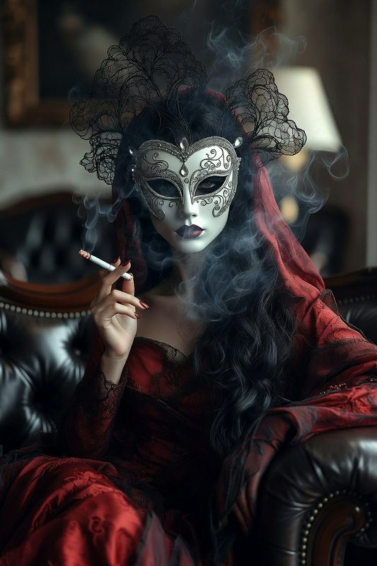 Woman in a red velvet gown wearing an ornate silver masquerade mask with black lace headdress, sm...