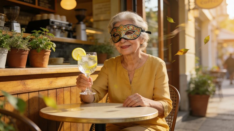 Smiling elderly woman in a decorative mask enjoying a lemon drink at an outdoor cafe.