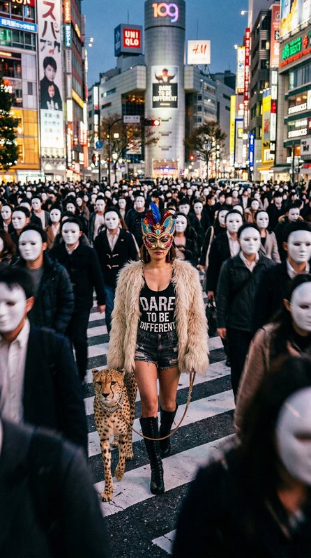 Woman wearing a colorful masquerade mask and fur coat walks through a crowd of people in white ma...