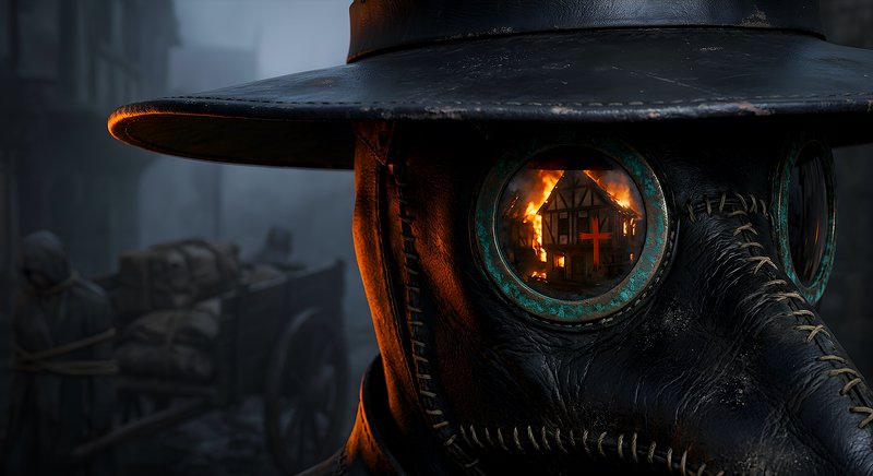 Close-up of a worn gas mask with a burning house reflected in the eye lenses, in a moody post-apocalyptic scene.