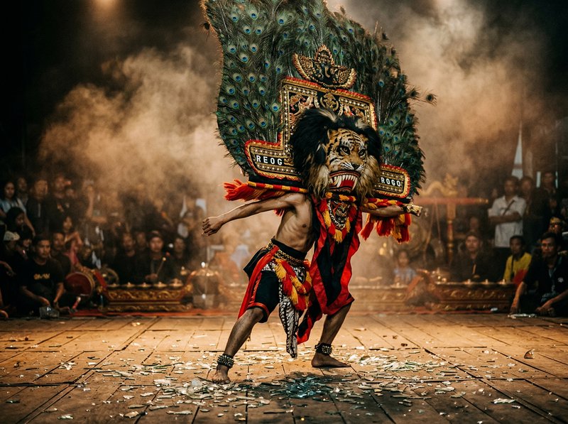Performer in a large peacock-feathered ceremonial headdress performing a dramatic dance with a ti...
