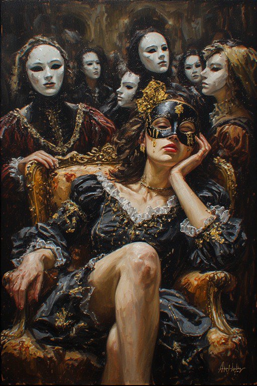Woman in black velvet dress wearing a gold mask, seated on an ornate chair amid others in white m...