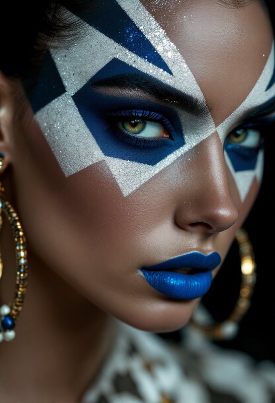 Close-up portrait of a woman with bold geometric blue face paint and blue lips, wearing gold hoops.