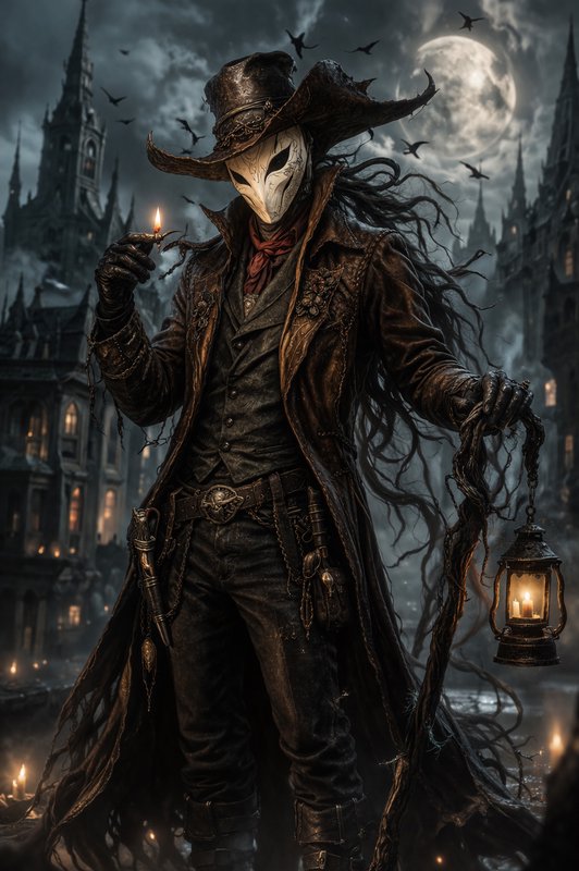Gothic masked cowboy in a tattered coat holds a lantern under a full moon.