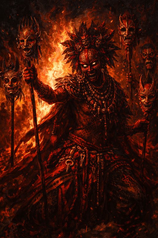 Fiery hellscape demon king in armor, holding spears adorned with masked skulls amid lava flames.