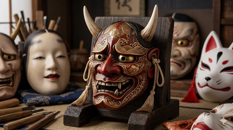 Traditional red Oni mask with horns on a wooden stand, surrounded by other Japanese masks.