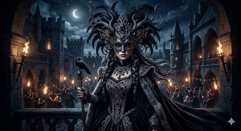 Gothic fantasy queen in ornate silver-black armor and feathered headdress at night with ravens, t...