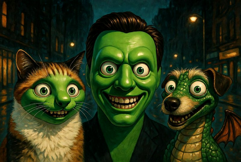 Green-skinned man with a wide grin flanked by a green cat and a green dragon in a moody nighttime...