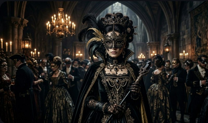 Woman in an ornate black-and-gold Venetian mask and gown at a dimly lit Gothic masquerade ball.