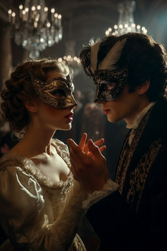 Two costumed masked lovers in an ornate ballroom with chandeliers.
