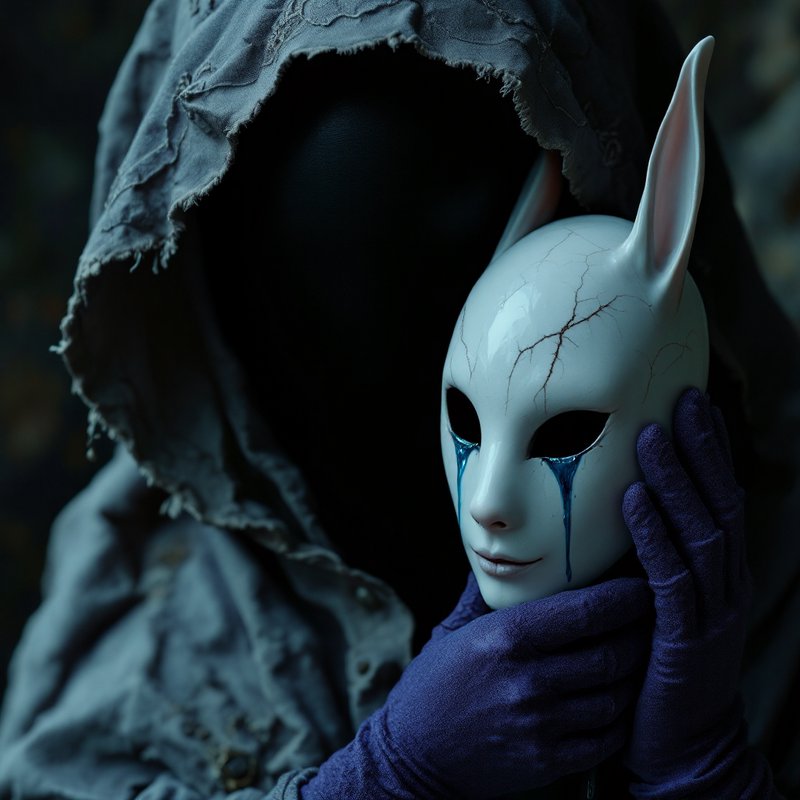 Hooded figure cradling a white rabbit mask with blue tear marks in a moody, dark setting.