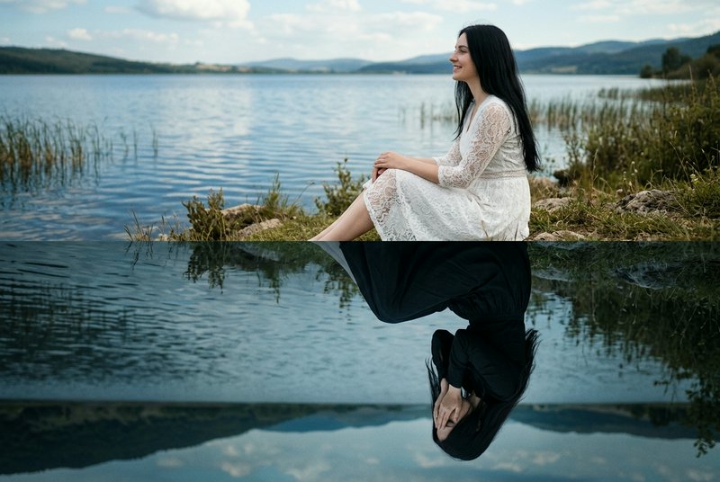 Woman in white lace dress sitting by a lake with grassy shore and distant mountains.