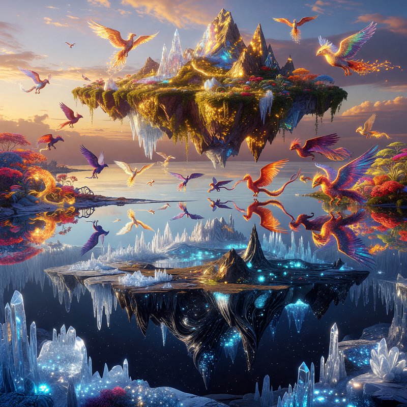 Floating crystal island hovering above an icy landscape with colorful dragons and glowing peaks.