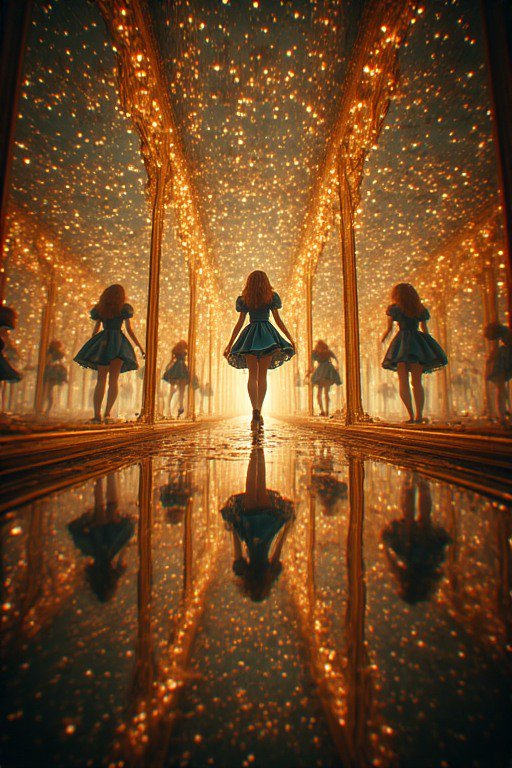 Girl in a blue dress walking through a lit mirrored corridor adorned with golden fairy lights.
