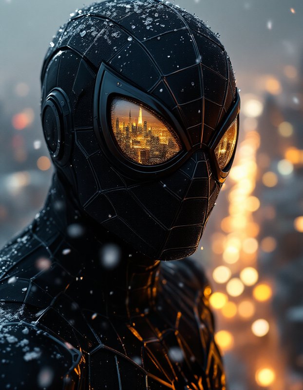Close-up of a black armored superhero suit with reflective golden cityscape in the eyes and light snowfall.