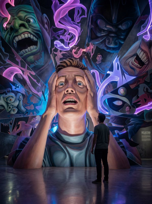 Visually striking mural of a distressed man surrounded by surreal, neon-lit faces and swirls.