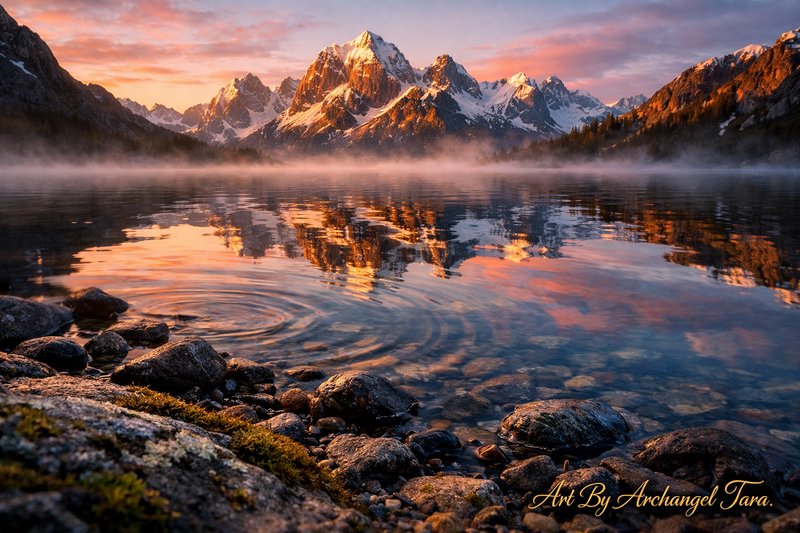 Alpine mountains glow at sunrise with a misty lake reflection and rocky shoreline