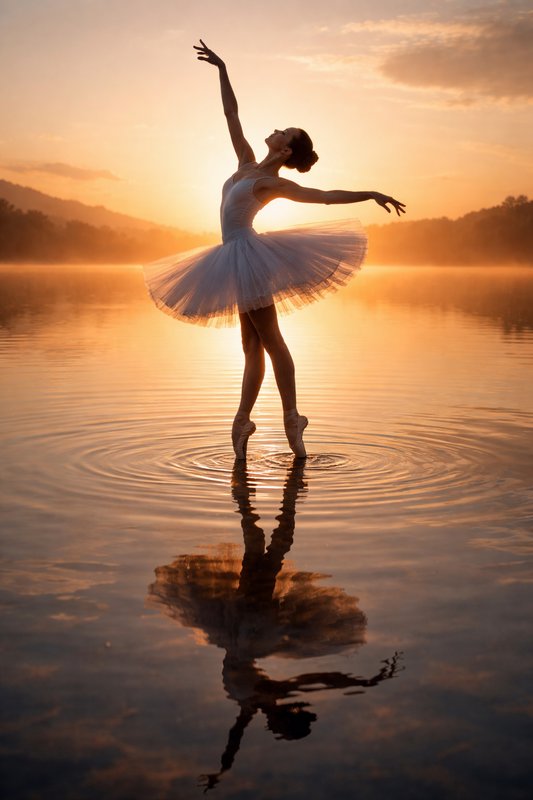 Ballet dancer in a tutu on pointe at sunset, standing in a lake with reflection