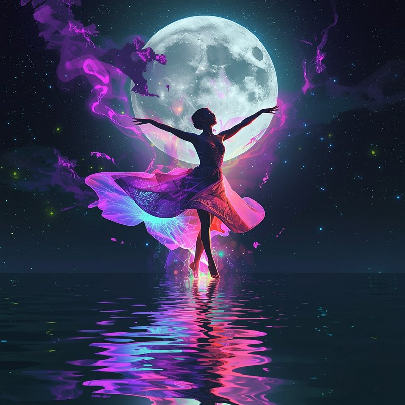 Silhouetted dancer in a colorful flowing dress dancing above reflective water with a full moon ba...
